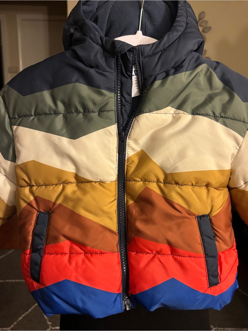 Kids Chevron Colorblock Puffer Jacket - Navy, Olive, Mustard, Rust, Red, Blue
